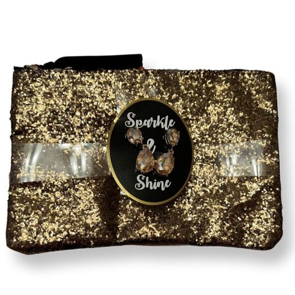 Bronze Glittery Cosmetic Bag And Earring Set - Picture 1 of 2